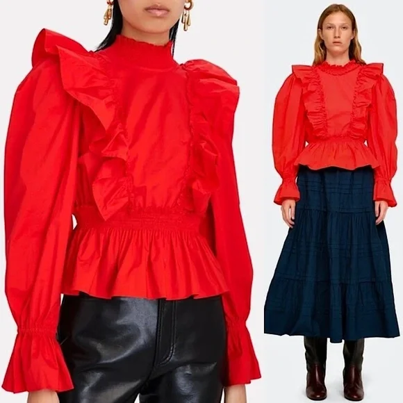 SEA NY Ruffled High Neck Puffed Long Sleeve Tied Open Back Cotton Peplum Top 8 - Picture 5 of 12